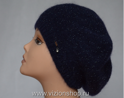 Итальянский берет с бисером тонкий вязаный женский Vizio Италия 6459 ВО синий