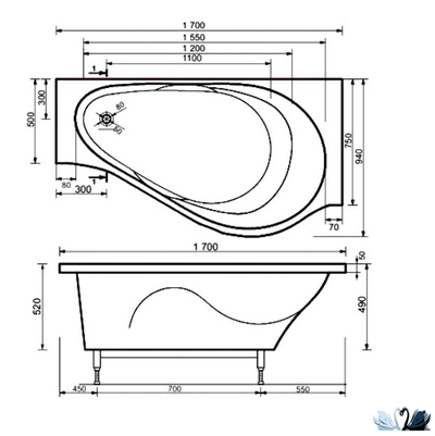 Ванна Эстет Грация 170 x 94 см, каменная правая, угловая, асимметричная