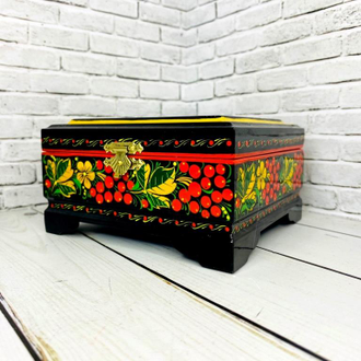 Шкатулка для украшений Птица с рябиной 120*115 мм деревянная с росписью Хохлома