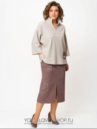 Модель: 3001.Женский 2-х предметный костюм, состоящий из трикотажной туники и юбки из замши