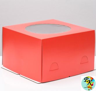 УПАКОВКА ДЛЯ ТОРТА С ОКНОМ КРАСНАЯ, ГОФРОКАРТОН 300*300*190 ММ