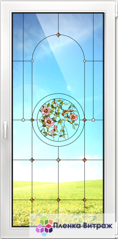 Витражная пленка, витражная пленка самоклеющаяся под заказ,пленочный витраж флора с птицами