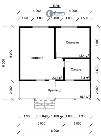 Д-17 ДАЧНЫЙ ДОМ ИЗ БРУСА:ГАБАРИТНЫЕ РАЗМЕРЫ: (8Х8М), ОБЩАЯ ПЛОЩАДЬ: 64М²