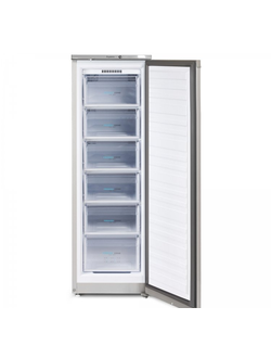 Узкая вертикальная морозильная камера, цвет серебристый, шесть выдвижных ящиков.