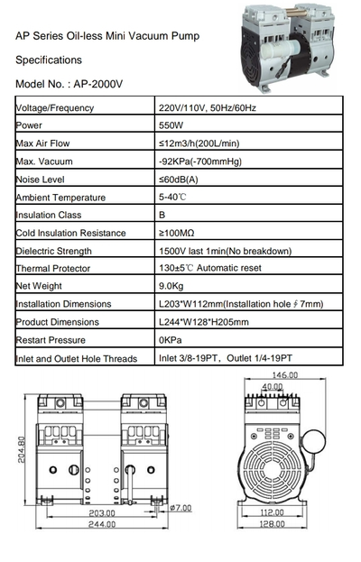Высокопроизводительный компрессор/вакуумный насос AP-2000V