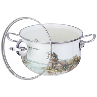 КАСТРЮЛЯ ЭМАЛИРОВАННАЯ СО СТЕКЛЯННОЙ КРЫШКОЙ СЕРИЯ "ДЕРЕВНЯ", 3,8 л