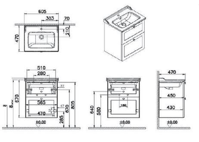 Модуль с классической раковиной, Vitra Root Classic, 60 см, 2 ящика, матовый белый, 68845