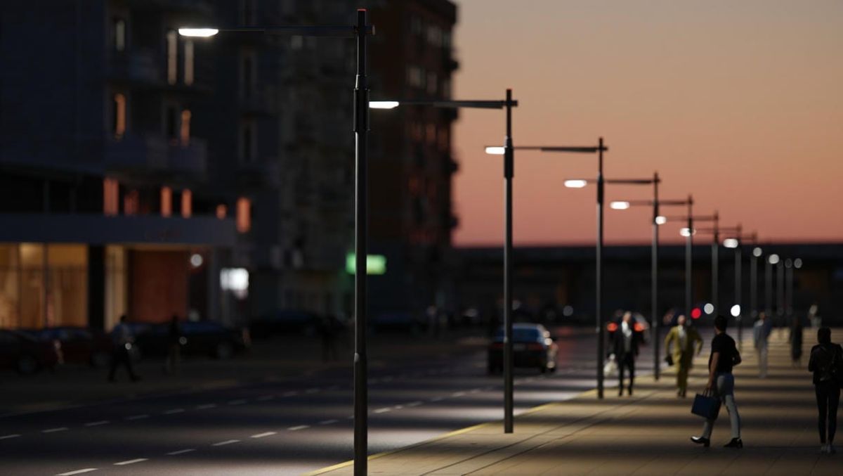 Городская улица при сумерках с установленными консольными LED‑светильниками