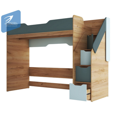 Rich КР-001 Кровать чердак Дуб Крафт золотой - Мята/Сумеречный голубой