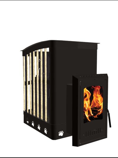 Печь банная чугунная Медведь 30 «Ковка», дверка стекло Оптима, открытая каменка