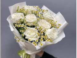 Букет роз и танацетума "Летнее настроение".