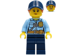 Police - City Officer Female, Bright Light Blue Shirt with Badge and Radio, Dark Blue Legs, Dark Blue Cap with Dark Orange Ponytail, Pensive Smile, n/a (cty1258)