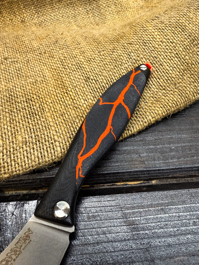 Фрикционный складной нож Канадец Большой сталь ELMAX, рукоять G10/микарта оранжевая молния