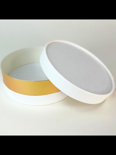 Коробка круглая для ассорти сладостей с лож. (белая/золото), 120*45мм