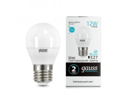 Gauss Elementary Шар G45 E27 12W 920lm 4100K 4K 86х45 матовая, пластик/алюм. 53222