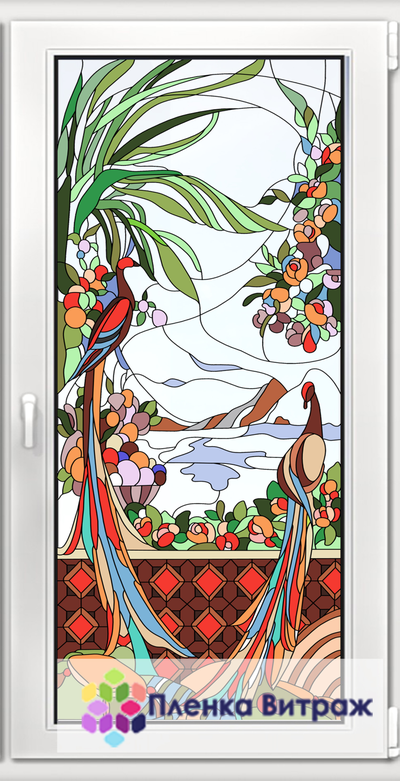 Витражная пленка, витражная пленка самоклеющаяся под заказ,пленочный витраж флора с птицами павлинам