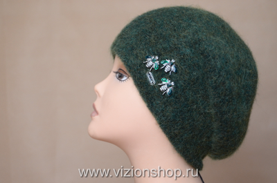 Зеленый женский берет из мохера с пчелкой Vizio Италия 36187