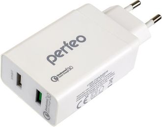 Сетевое зарядное устройство Perfeo FAST 2, 2xUSB, QC3.0 (белый)