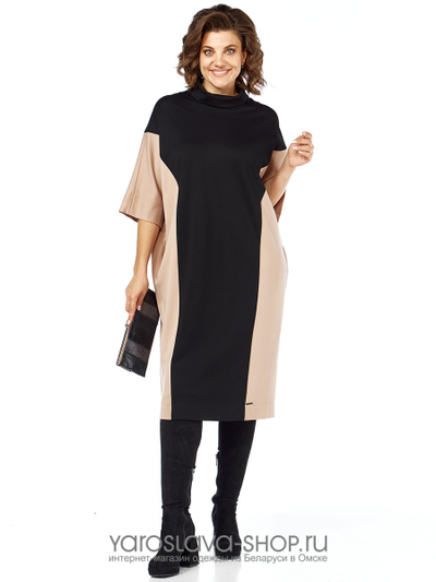 Деловое женское платье бежево-черного цвета