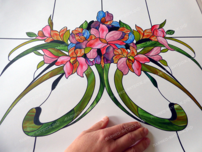 Витражная пленка, витражная пленка самоклеющаяся под заказ,пленочный витраж с цветочным рисунком