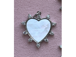 Подвес сердце перламутр цирконы 21х22мм родий