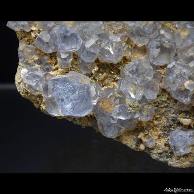 Флюорит- друза фантомных голубых кристаллов с пиритом на породе