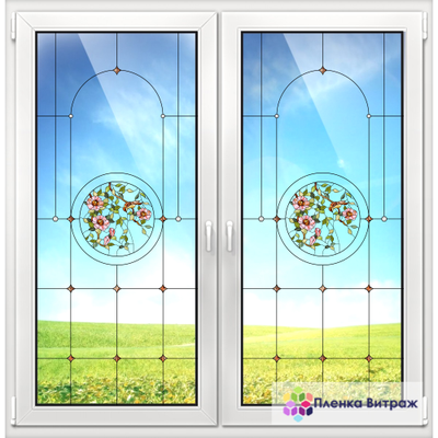 Витражная пленка, витражная пленка самоклеющаяся под заказ,пленочный витраж флора с птицами