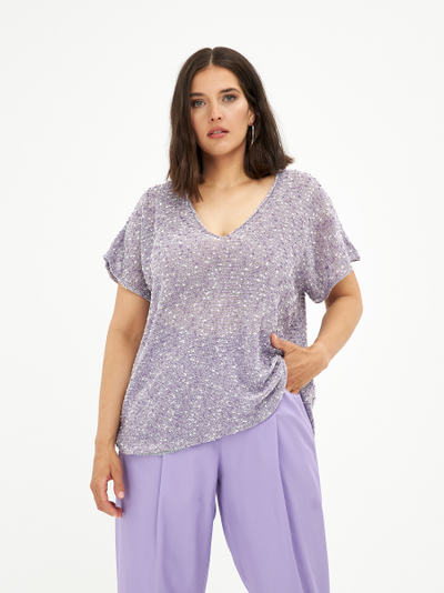 Топ вязанный в лиловом и белом цвете