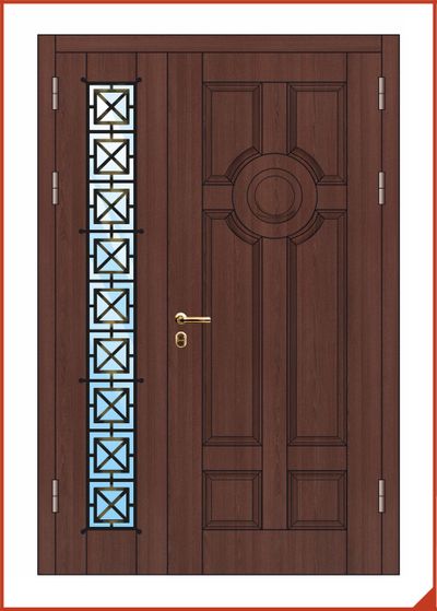 входная дверь. массив дерева. со стеклопакетом и кованой решёткой.