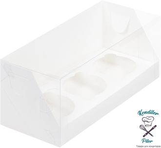 Коробка под 3 капкейка с пластиковой крышкой 240*100*100 мм, белая