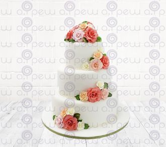 Торт № 26 "Белый с цветами 3 яруса" (Свадебные)