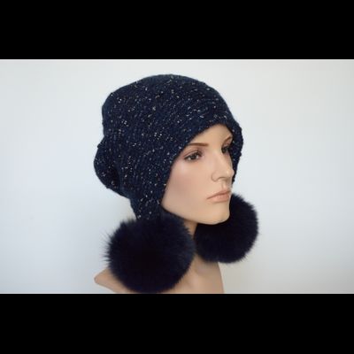 Синяя меланжевая шапка ушанка с помпонами Vizio Италия 6958
