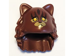 Minifigure, Headgear Head Cover, Cat with Mid-Length Hair in Back with Yellow Eyes, Tan Muzzle and Eye Patches, Dark Brown Stripes Pattern, Reddish Brown (18513pb01 / 6350821)