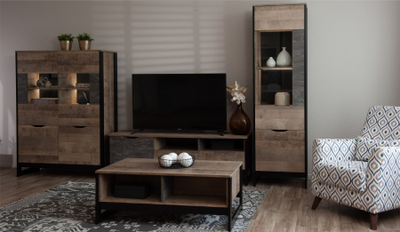 Гостиная Стокгольм Витрина Высокая 1д 1в ПР/ЛВ дуб гранж песочный, камень