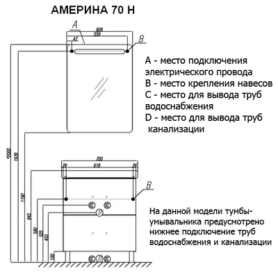 АКВАТОН. Тумба-умывальник "Америна 70 Н" 1A169301AM010 белый глянец с раковиной Тигода 70