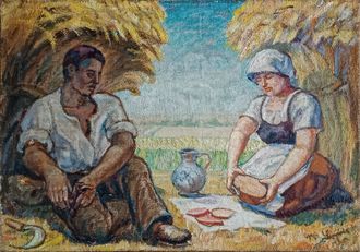 "В поле за обедом" холст масло Lippold 1930 год