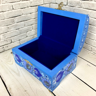 Деревянная шкатулка сундучок Голубая 120*80 мм для украшений с росписью Хохлома