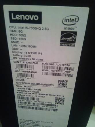 LENOVO LEGION Y520-15IKBN 80WK00TKRK ( 15.6 FHD IPS I5-7300HQ GTX1050 6ГБ 500ГБ 128SSD )