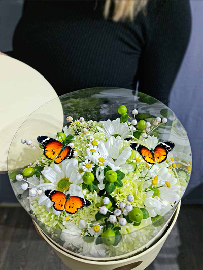 Композиция в фисташковом цвете и 3 бабочки. №70