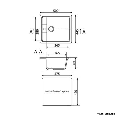 Мойка из искусственного мрамора MIXLINE ML-GM28 прямоугольная отверстие справа 445*500*190мм