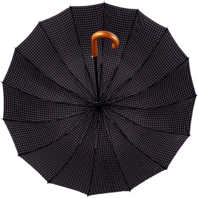 Зонт-трость в клетку с деревянной ручкой DINIYA полуавтомат, 16 спиц, Цвет: Черный, Синий, Коричневый