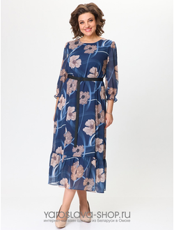 Модель :2393. Женское  платье из шифона  в синем цвете с цветочным рисунком