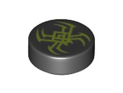 Tile, Round 1 x 1 with Lime Spider Pattern, Black (98138pb185 / 6334604)