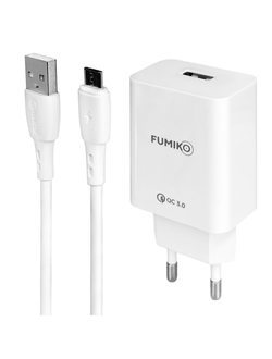Зарядное устройство FUMIKO CH03 1USB QC3.0 3А c кабелем Micro USB WHITE