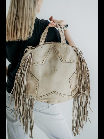 Женская сумка из натуральной вареной кожи с бахромой и заклепками Vera Pelle M&amp;Marie 026870 c.taupe
