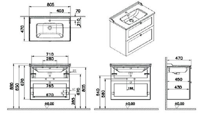 Модуль с классической раковиной, Vitra Root Classic, 80 см, 2 ящика, матовый темно-синий, 68874