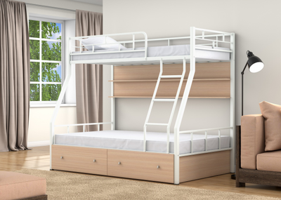 Двухъярусная кровать Раута Белый ящики полка дуб молочный фото
