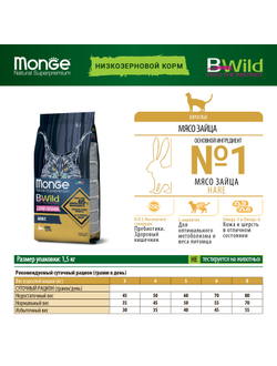 Корм для взрослых кошек Monge BWild низкозерновой с зайцем 1,5 кг