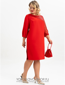 Модель:4117.Шикарное нарядное платье с ассиметричными рукавами в красном цвете