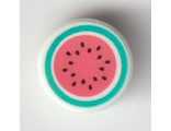 Tile, Round 1 x 1 with Coral Watermelon with Dark Turquoise Rind and Black Seeds Pattern, White (98138pb126 / 6299968)